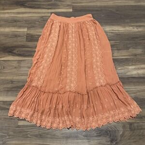 Free People Skirt Womens Medium Rust Orange Boho Embroidered Eyelet Tiered Midi